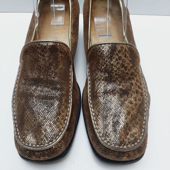 AMALFI Snake Pattern Square Toe Penny Loafer Chunky Block Heels Tan Gold Sz 7.5 - Picture 7 of 12